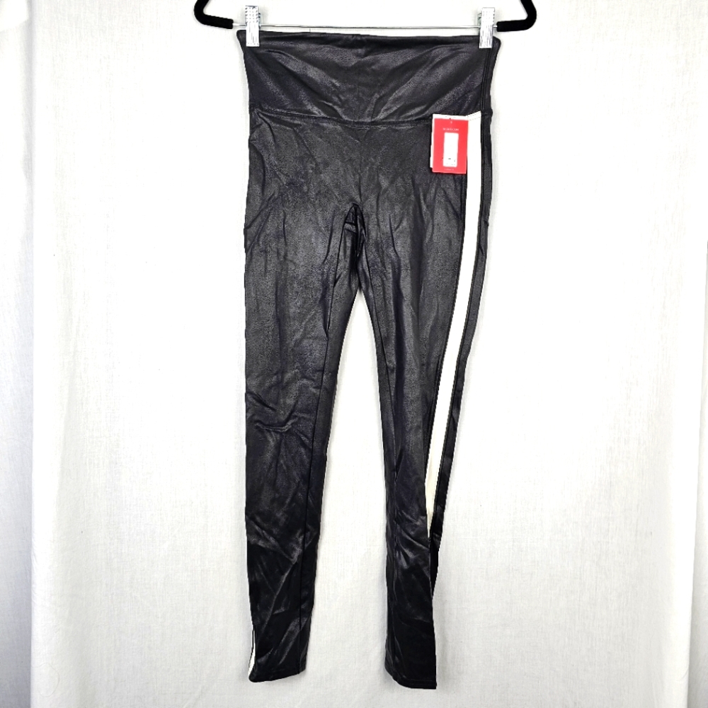 Spanx Wash Faux Leather Pants Black White Side Stripes Women's Size Medium‎